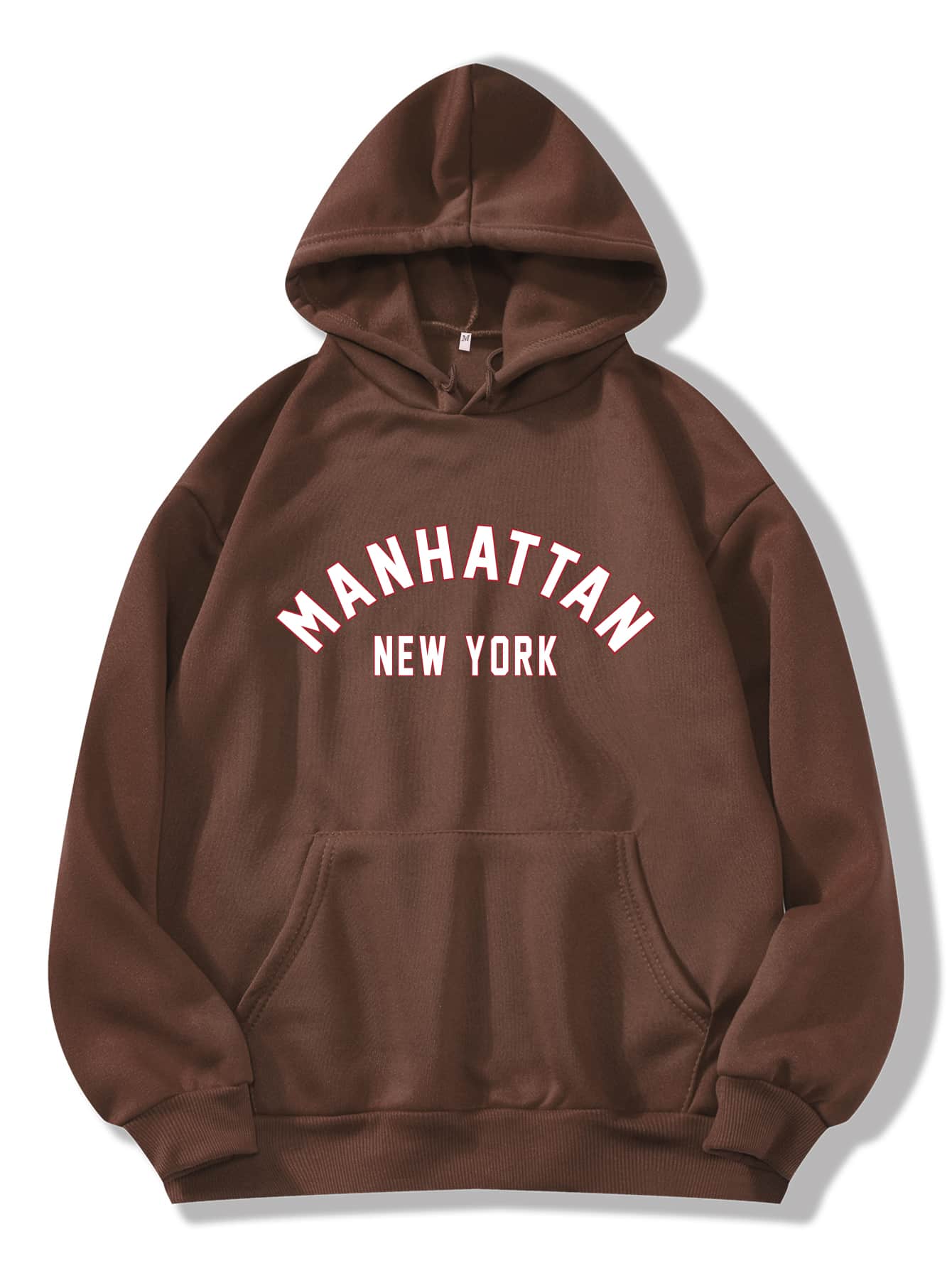 SHEIN EZwear Letter Graphic Kangaroo Pocket Drawstring Thermal Hoodie - Chocolate Brown - View 1