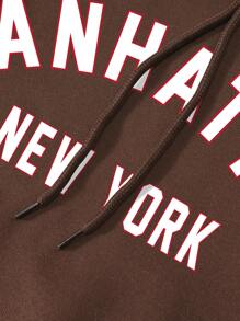 SHEIN EZwear Letter Graphic Kangaroo Pocket Drawstring Thermal Hoodie - Chocolate Brown - View 3