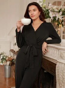 SHEIN Frenchy Lace Insert V Neck Jumpsuit - Black - View 2