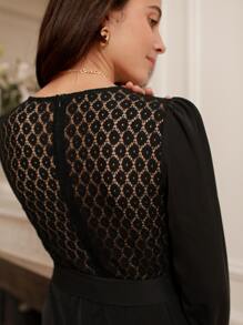 SHEIN Frenchy Lace Insert V Neck Jumpsuit - Black - View 3