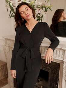 SHEIN Frenchy Lace Insert V Neck Jumpsuit - Black - View 4