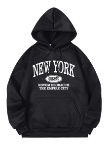 INAWLY Letter Graphic Kangaroo Pocket Drawstring Thermal Hoodie - Black - View 1