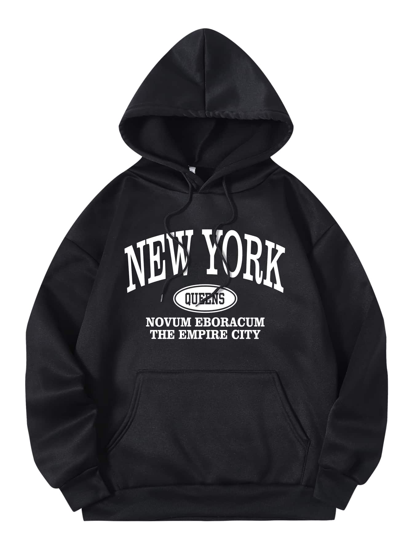 INAWLY Letter Graphic Kangaroo Pocket Drawstring Thermal Hoodie - Black - View 1