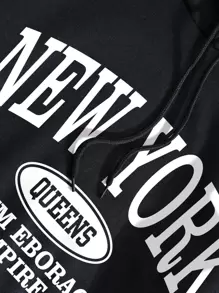 INAWLY Letter Graphic Kangaroo Pocket Drawstring Thermal Hoodie - Black - View 3