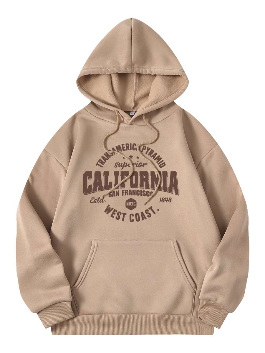 SHEIN EZwear Letter Graphic Kangaroo Pocket Drawstring Thermal Hoodie - Mocha Brown - View 1