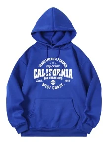 SHEIN EZwear Letter Graphic Kangaroo Pocket Drawstring Thermal Hoodie - Royal Blue - View 1