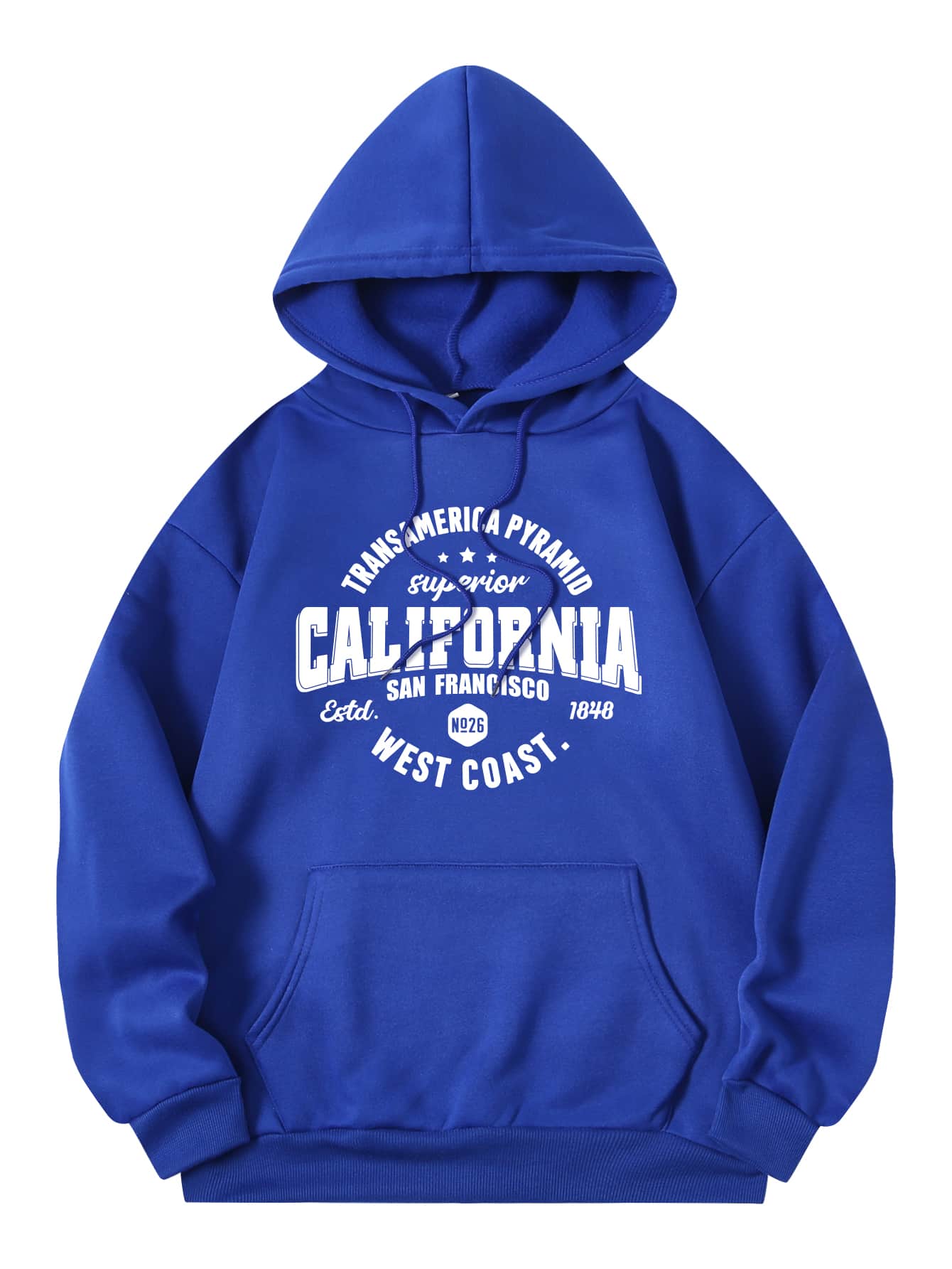 SHEIN EZwear Letter Graphic Kangaroo Pocket Drawstring Thermal Hoodie - Royal Blue - View 1