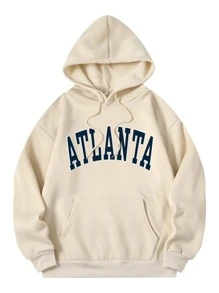 SHEIN EZwear Letter Graphic Kangaroo Pocket Drawstring Thermal Hoodie - Apricot - View 1