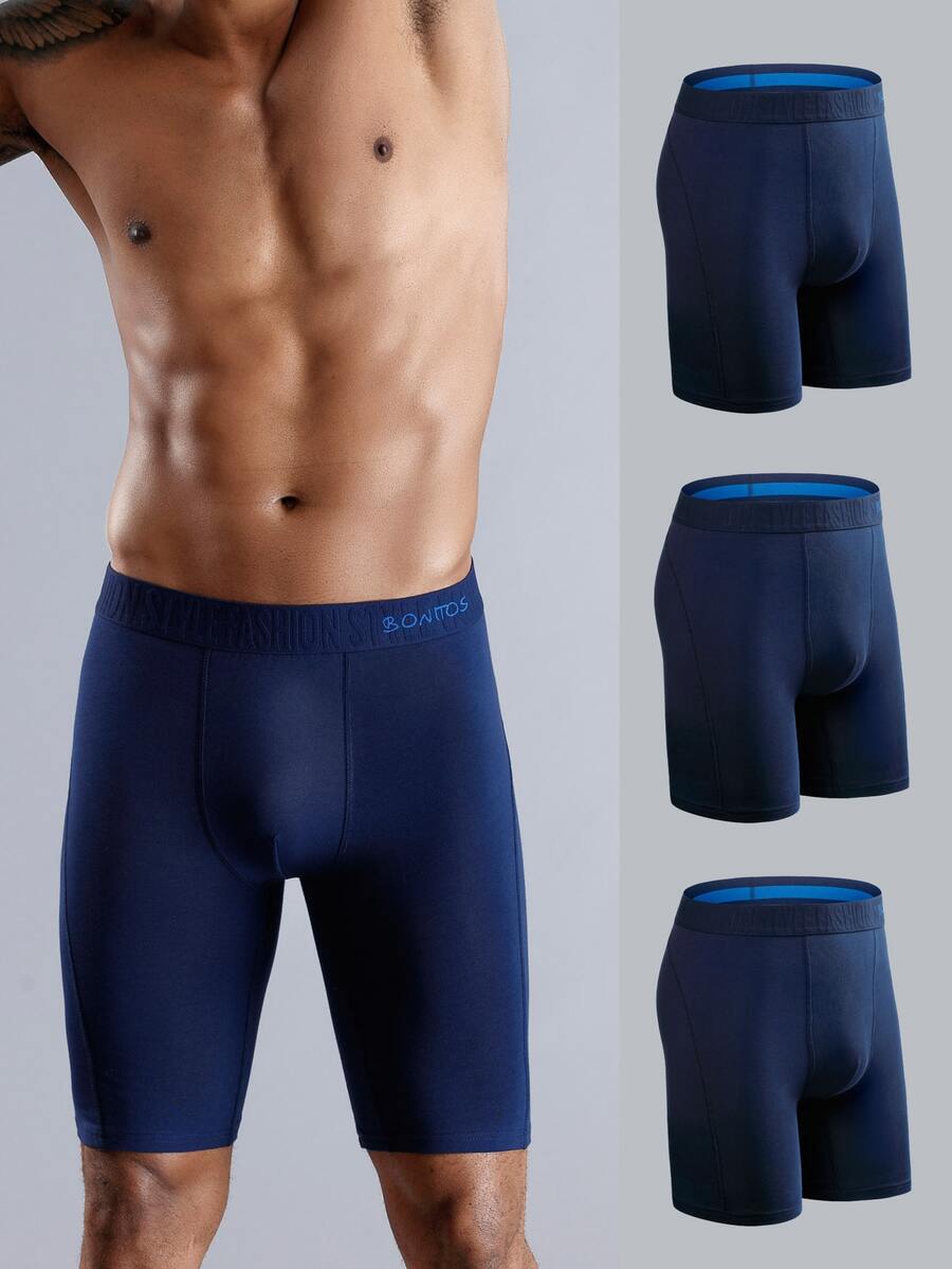 3 Piezas/paquete Calzoncillos Ajustados Para Hombres De Color Sólido Transpirable Con Longitud Extendida. - Azul Marino - Ver 1