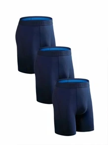 3 Piezas/paquete Calzoncillos Ajustados Para Hombres De Color Sólido Transpirable Con Longitud Extendida. - Azul Marino - Ver 7