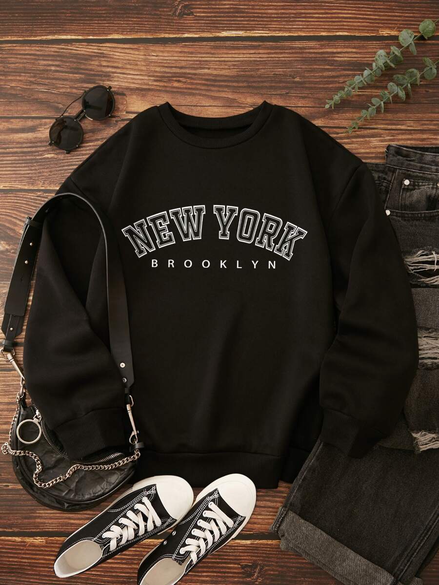 SHEIN LUNE 字母圖案加絨內裏運動衫 - 黑色 - 查看 1