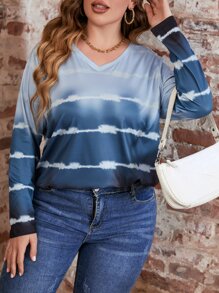 SHEIN LUNE Camiseta de tie dye de cuello V - Azul - Ver 5