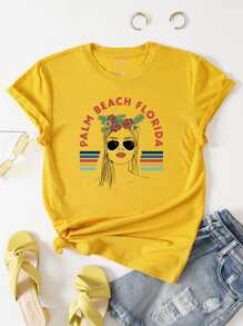 SHEIN LUNE Camiseta con estampado de figura y letra - Amarillo - Ver 1