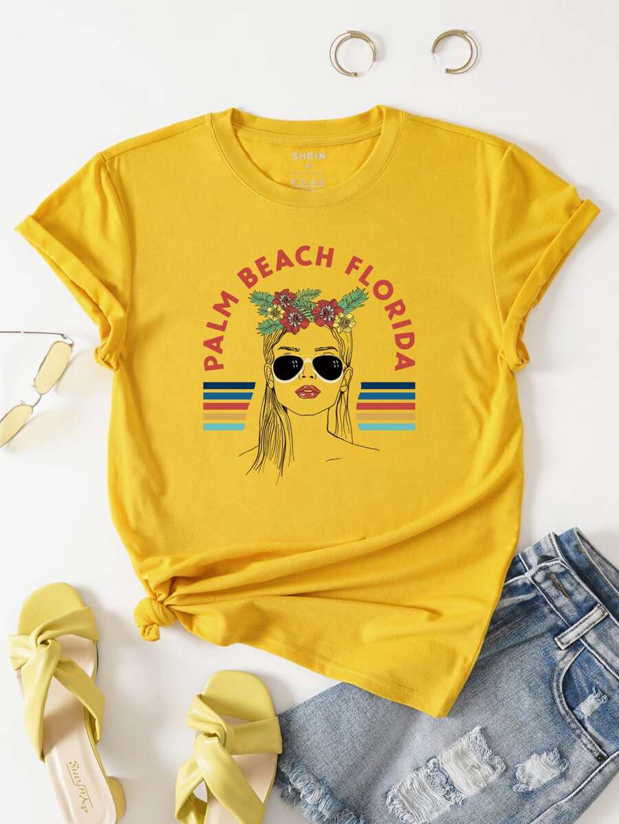 SHEIN LUNE Camiseta con estampado de figura y letra - Amarillo - Ver 1