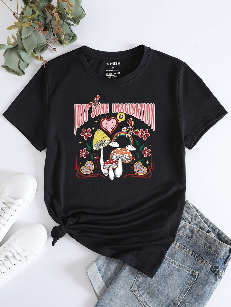 SHEIN LUNE Mushroom And Slogan Graphic Tee - Black - View 1