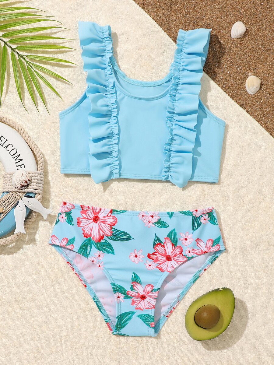 Young Girl Floral Print Ruffle Trim Bikini Set Summer Beach - Blue - View 1