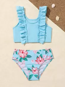 Young Girl Floral Print Ruffle Trim Bikini Set Summer Beach - Blue - View 2