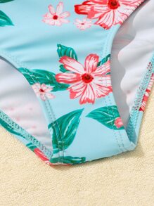 Young Girl Floral Print Ruffle Trim Bikini Set Summer Beach - Blue - View 4