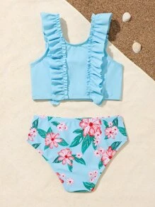 Young Girl Floral Print Ruffle Trim Bikini Set Summer Beach - Blue - View 5