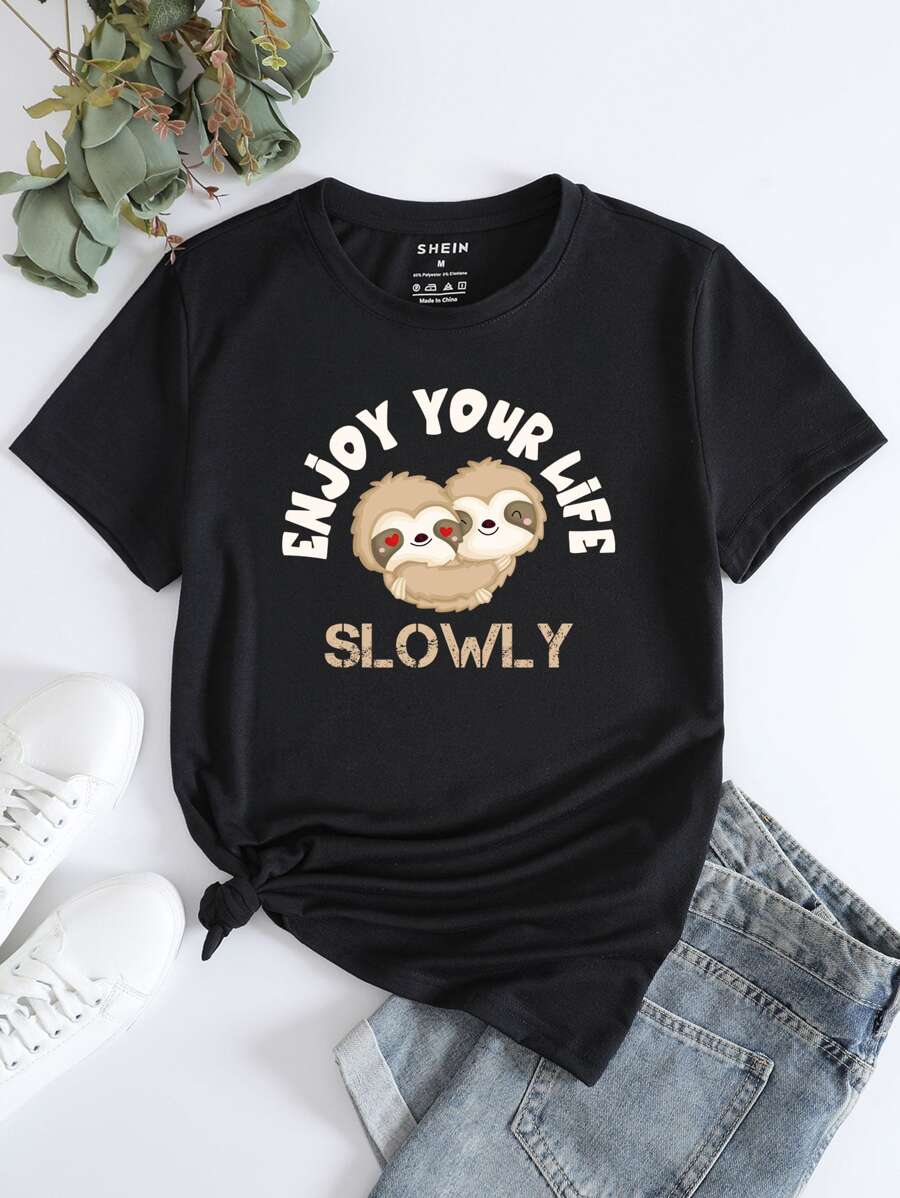 SHEIN LUNE Slogan & Cartoon Graphic Tee - Black - View 1