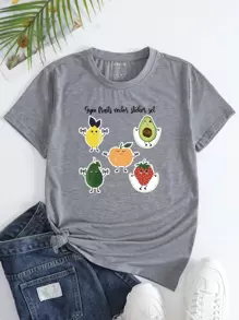 SHEIN LUNE Fruit And Letter Graphic Tee - Grey - View 1