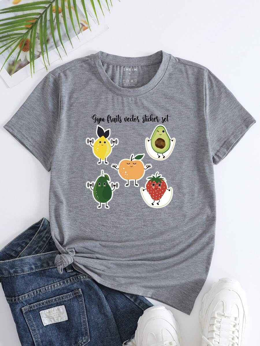 SHEIN LUNE Fruit And Letter Graphic Tee - Grey - View 1
