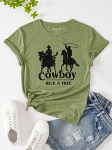 SHEIN LUNE Camiseta con estampado de figura y letra - Verde Lima - Ver 1