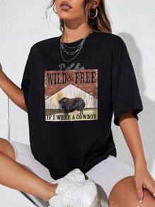 SHEIN EZwear Cattle And Slogan Graphic Drop Shoulder Tee - Black - View 1