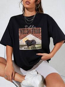 SHEIN EZwear Cattle And Slogan Graphic Drop Shoulder Tee - Black - View 3