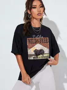 SHEIN EZwear Cattle And Slogan Graphic Drop Shoulder Tee - Black - View 4