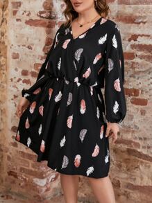 SHEIN LUNE Plus Feather Print Surplice Neck Lantern Sleeve Dress - Black - View 3