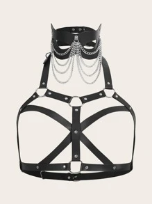 Sujetador arnés PU con aro O & con diseño de cadena - Negro - Ver 1