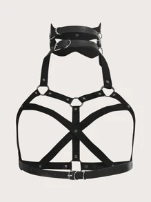 Sujetador arnés PU con aro O & con diseño de cadena - Negro - Ver 2