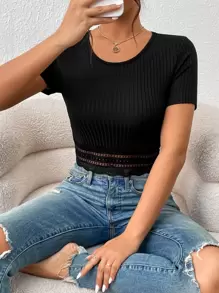 SHEIN Frenchy Women's Solid Color Basic Round Neck Short Sleeve T-Shirt,Black Summer Elegant Night Out Tight Tee,Old Money Style Business Casual Daily Wear Shirt - Black - View 3
