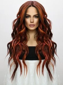 28吋t型蕾絲13*6*1橘紅色波浪捲髮適合聚會配戴合成纖維女假髮