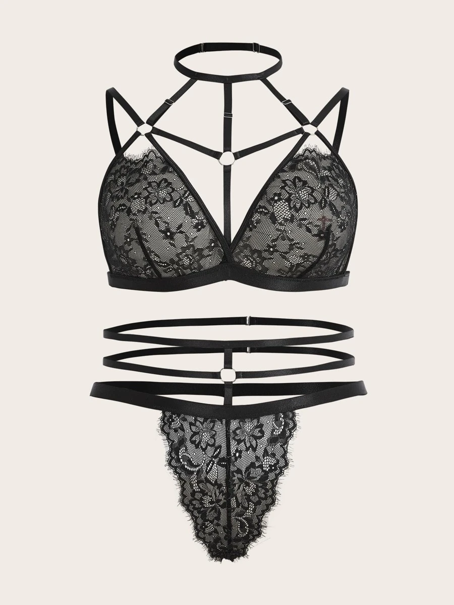 Set de lencería con encaje floral vinculado con aro - Negro - Ver 1