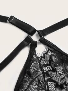 Set de lencería con encaje floral vinculado con aro - Negro - Ver 3