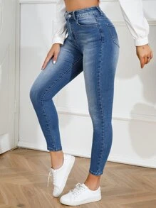 Bleach Wash Skinny Jeans - Medium Wash - View 1