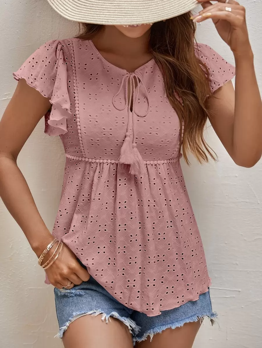 SHEIN Frenchy Áo sơ mi nữ mép Xù Tranh thêu màu trơn Boho - Bụi hồng - Xem 1