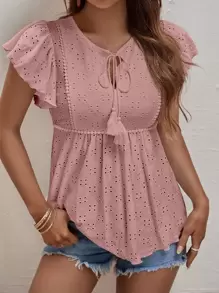 SHEIN Frenchy Áo sơ mi nữ mép Xù Tranh thêu màu trơn Boho - Bụi hồng - Xem 2