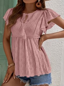 SHEIN Frenchy Áo sơ mi nữ mép Xù Tranh thêu màu trơn Boho - Bụi hồng - Xem 4