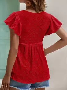 SHEIN Frenchy Tie Front Flutter Sleeve Eyelet Embroidered Blouse Christmas Summer New Year Red Valentine's Day Vacation - Red - View 5