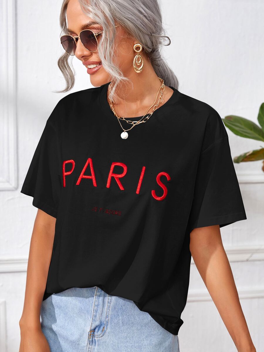 SHEIN Frenchy Letter Embroidery Drop Shoulder Tee - Black - View 1