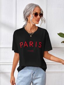 SHEIN Frenchy Letter Embroidery Drop Shoulder Tee - Black - View 2