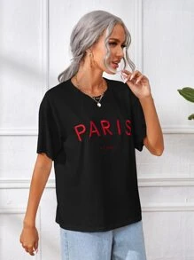 SHEIN Frenchy Letter Embroidery Drop Shoulder Tee - Black - View 3