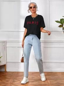 SHEIN Frenchy Letter Embroidery Drop Shoulder Tee - Black - View 4