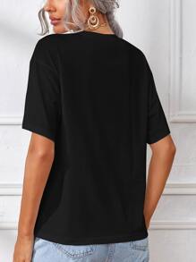 SHEIN Frenchy Letter Embroidery Drop Shoulder Tee - Black - View 5