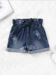 小女童蝴蝶圖案反摺褲腳紙袋型腰牛仔短褲 - 深色水洗藍 - 查看 1