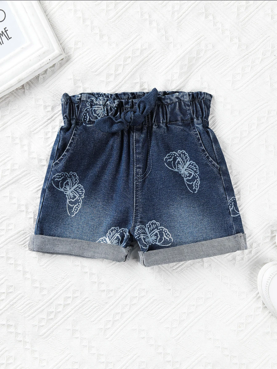 小女童蝴蝶圖案反摺褲腳紙袋型腰牛仔短褲 - 深色水洗藍 - 查看 1