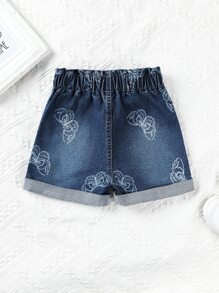 小女童蝴蝶圖案反摺褲腳紙袋型腰牛仔短褲 - 深色水洗藍 - 查看 2